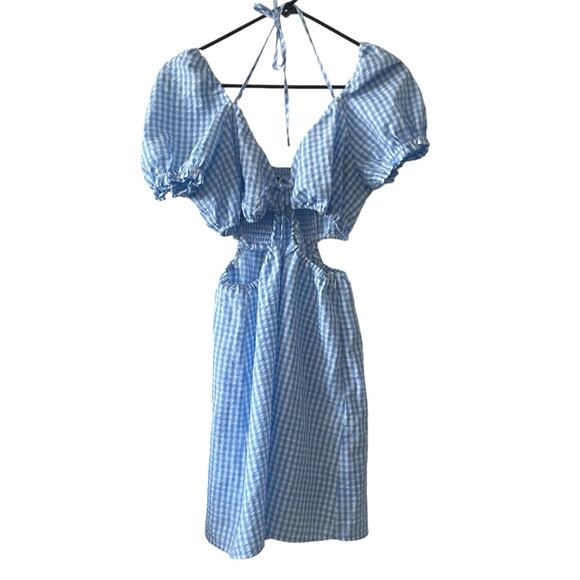 H&M Divided Blue White Cut Out Gingham Dress size Medium Searsucker - Picture 9 of 11